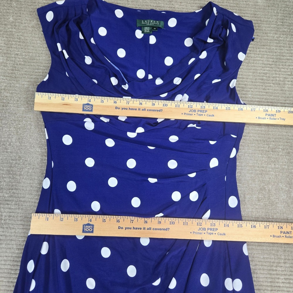 Lauren Ralph Lauren Womens 12 Blue Polka Dot Cowl Neck Ruched Sheath Dress - Picture 4 of 8